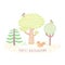 Kids drawings doodle style forest background with trees, birds, ribbon and squirrel.