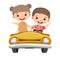 Kids drives a car. Yellow childrens automobile. Toy vehicle. With a motor. Nice passenger auto. Pedal or electric