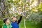 Kids on Easter egg hunt in blooming spring garden. Children searching for colorful eggs on blooming tree. Toddler boy and his