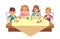 Kids eat together. Children eating dinner cafe restaurant happy child breakfast lunch fast food dining friends cartoon