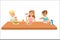 Kids Eating Brekfast And Lunch Food And Drinking Soft Drinks Set Of Cartoon Characters Enjoying Their Meal Sitting At