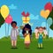 Kids eating sweets on the park background with balloons flat vector illustration.