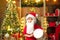 Kids enjoy the holiday. Christmas child holding a red gift box. Cheerful cute child opening a Christmas present.