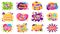 Kids entertainment badges. Game room party labels, children education and entertainment club elements. Baby playing zone
