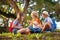 Kids explore nature. Children hike in sunny park