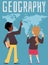 Kids exploring world map during geography class, poster template - flat vector illustration.