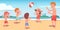 Kids, father playing beach ball at summer seaside