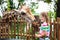 Kids feed giraffe at zoo. Children at safari park.