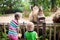 Kids feed rhino in zoo. Family at animal park