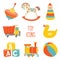 Kids First Toys icon set. Baby shower design element. Cartoon vector hand drawn eps 10 illustration isolated on white