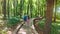 Kids follow a hiking trail on a well-equipped wooden plank road in a national reserve. Environmental protection concept. The boy