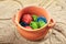 Kids Food with Colored Dumplings, Ravioli or Pelmeni in Natural Ceramic Pot