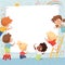 Kids frame. Cute characters childrens painting drawing and playing empty place for text vector template