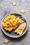 Kids funny breakfast with scrambled eggs, cheese and tortilla rocket