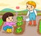 Kids gardening working in farm vector illustration