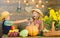 Kids girl boy wear cowboy farmer style hat celebrate harvest festival. Celebrate fall traditions. Elementary school fall