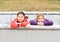 Kids - girls leaning on boat