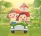 Kids goes on adventure in little car. Kid drives pedal or toy electric car. Cartoon illustration for children. Summer