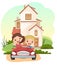 Kids goes on adventure in little car. Kid drives pedal or toy electric car. Cartoon isolated illustration for children