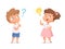 Kids good idea. Thinking people with question marks and happy mind lamp vector characters