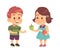 Kids good manners. Cartoon girl shares apple with boy, children respectful and thankful behavior, symbol of friendship