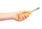 Kids hand with yellow toy screwdriver, repair tool