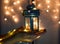 Kids hands holds Christmas lantern in hands on lights bokeh background.