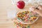 Kids healthy quick breakfast. Colorful rice cereal with milk and