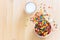 Kids healthy quick breakfast. Colorful rice cereal with milk on