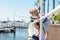 Kids hobby. Couple of kids fishing on pier. Child at jetty with rod. Boy and girl with fish-rod.