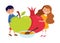 Kids holding honey, apple and pomegranate, Rosh Hashanah symbols. Vector