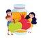 Kids holding honey jar apple and pomegranate, Rosh Hashanah symbols. Vector