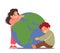 Kids Hugging Earth Planet. Little Boy and Girl Characters Embrace with Love Sphere with Continents and Oceans