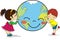 Kids hugging and kissing smiling planet Earth