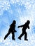 Kids ice skating silhouettes on the abstract background