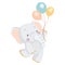 Kids illustration, cute gentle baby elephant flies with balloons. Pastel colors. Kids bedroom decor, happy birthday card,
