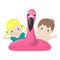 Kids with inflatable Flamingo float - summer illustration cartoon style