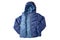 Kids jacket isolated. A stylish cosy warm blue down jacket for kids isolated on a white background. Sporty childrens fashion for