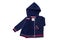 Kids jacket isolated. A stylish fashionable dark blue jacket with white dots and blue lining for the little girl. A sport jacket