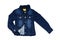 Kids jeans jacket isolated. A stylish fashionable denim dark blue jacket with a light blue lining for the little girl. Children