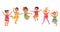 Kids jumping. Happy cartoon child, excited children jump together. Fun preschool boy girl, isolated friends playing