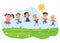 Kids jumping. Happy diverse children jump, summer activities. Kid friendship, cartoon school child playing outdoor