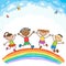 Kids jumping with joy on a hill under rainbow, colorful cartoon