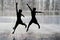 Kids jumping playing in fountain