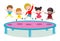 Kids jumping on trampoline. child Practicing Different Sports And Physical Activities In Physical Education Class Vector flat