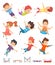 Kids jumping. Trampoline childrens athletic playing on playground active games vector cartoon people