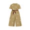 Kids jumpsuit. Girls summer clothes with sleeves and tied belt. Childs apparel, wearing. Childish girly fashion modern