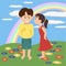 Kids kissing with rainbow background vector cartoon