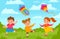 Kids with kites. Boy and girl outside playing with flying toy in park. Cartoon children and kite in wind sky. Summer