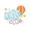 Kids Land Playground And Entertainment Club Colorful Promo Sign With Cloud And Hot Air Balloon For The Playing Space For